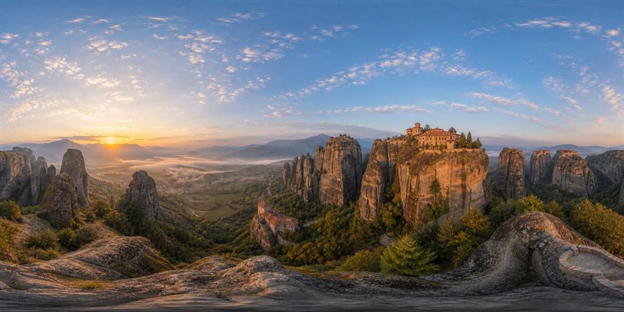 Greece Meteora Monasteries Sunrise Panorama 360 panoramic photo
