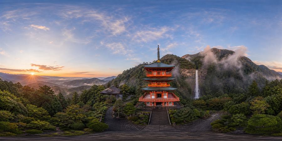Japan Nachi Falls Pagoda Sunrise Panorama 360 panoramic photo