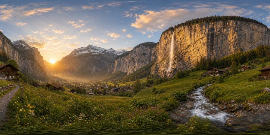 Lauterbrunnen Valley Waterfalls Sunrise Panorama 360 panoramic photo